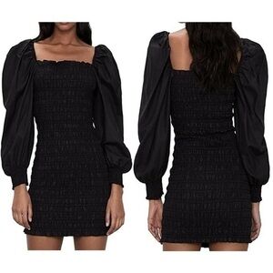 ZARA Women's Black Mini Dress Stretch Smocked Puff Sleeve Long Sleeve Fitted